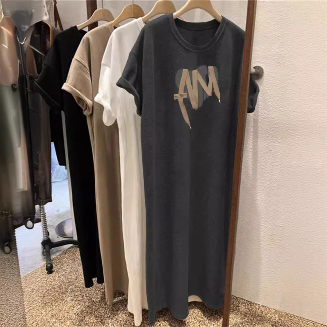 Футболка, летняя длинная юбка, длинное платье, короткий рукав, в корейском стиле, большой размер, средней длины